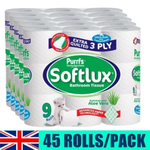 45 Rolls 3 Ply Soft Lux Toilet Roll Aloe Vera Cheap Value Offer Bathroom Tissues