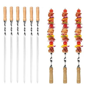 6-18pcs Stainless Steel BBQ Skewers For Barbecue Kebab Fruit with Wooden Handle