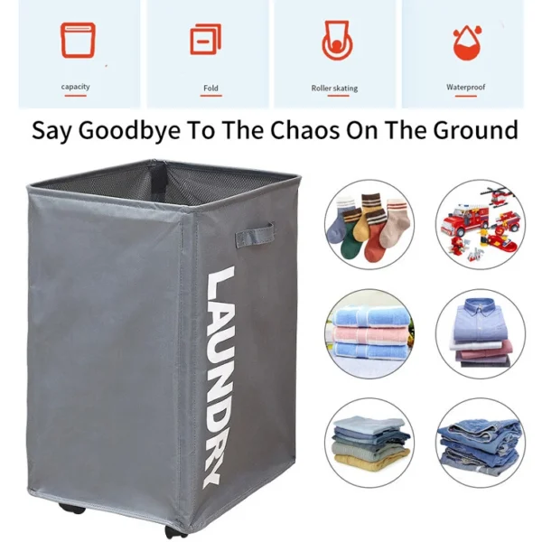 68L Laundry Basket Slim On Rolling Wheels Waterproof Foldable Washing Bin Hamper - Image 4
