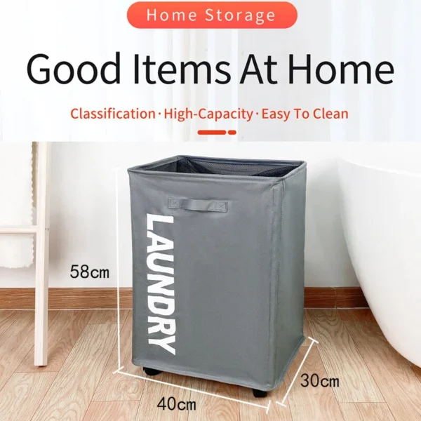 68L Laundry Basket Slim On Rolling Wheels Waterproof Foldable Washing Bin Hamper - Image 3