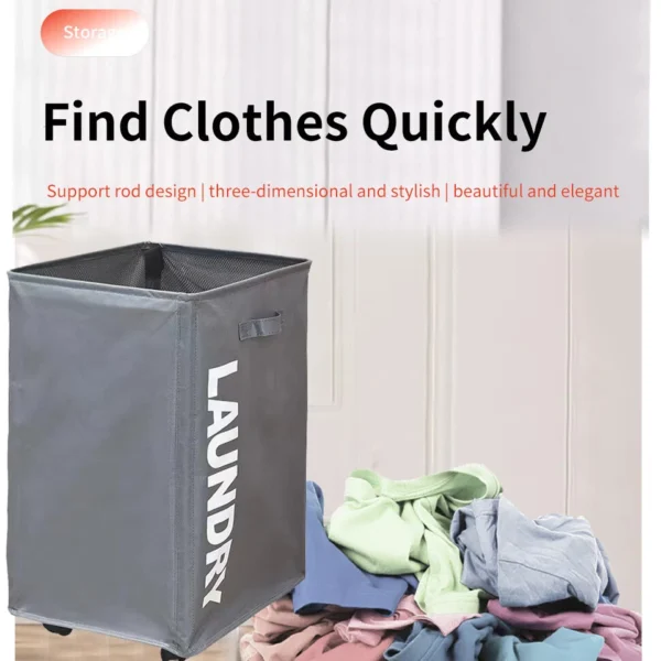 68L Laundry Basket Slim On Rolling Wheels Waterproof Foldable Washing Bin Hamper - Image 2