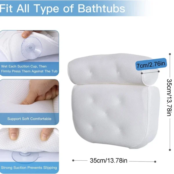 Bathroom Spa Bath Pillow with 6 Suction Non-Slip Comfy Headrest Cushion Bathtub