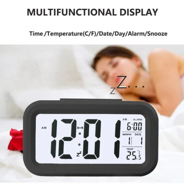 LED Digital Bedside Snooze Alarm Clock Time Temperature Day Night Mode Clock UK - Image 3